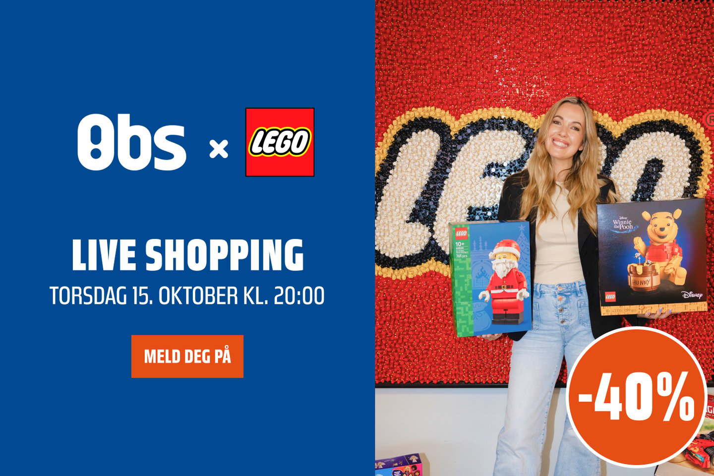 Introbilde som viser overskriften "Obs x Lego Live shopping, Torsdag 15. oktober kl 20:00" og bilde av Monica Nyhus foran logo av Lego.