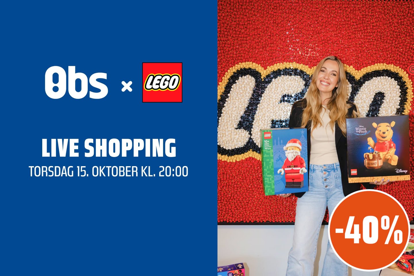 Introbilde som viser overskriften "Obs x Lego Live shopping, Torsdag 15. oktober kl 20:00" og bilde av Monica Nyhus foran logo av Lego.