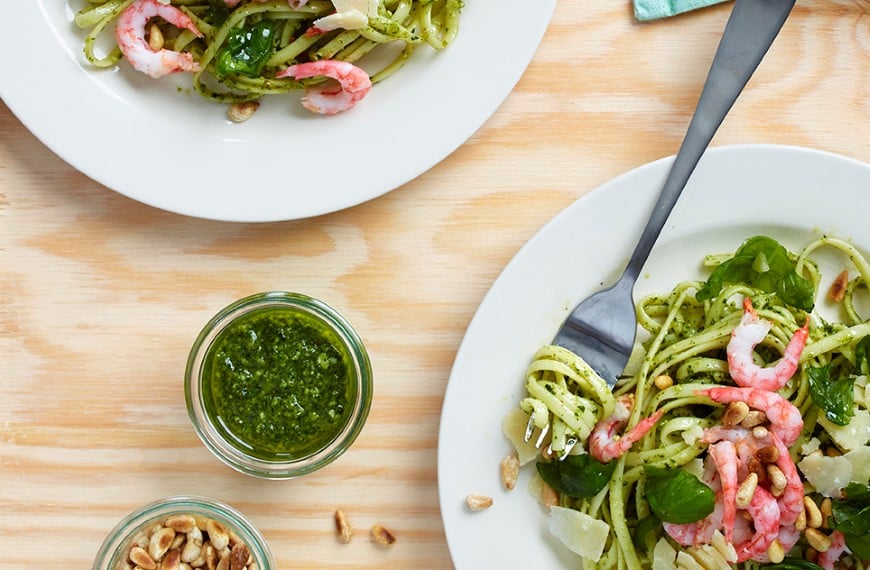 Spagetti med reker og pesto