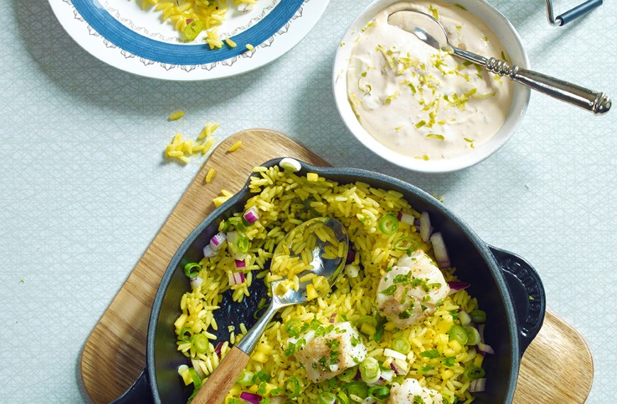Stekt ris med steinbit og limesaus