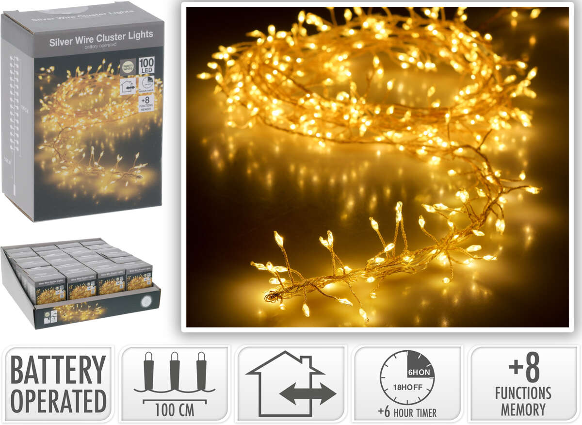 Silwerwire cluster lyslenke, 100 WW LED.