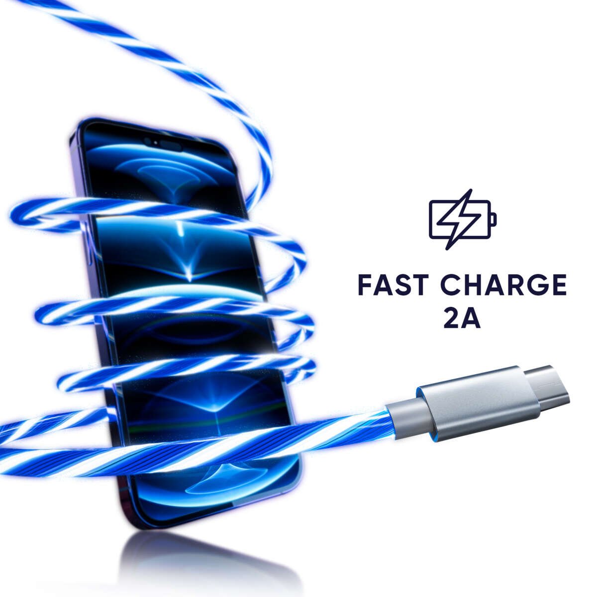 ONIVERSE Micro USB Lade Kabel med LED 2 meter Hvit