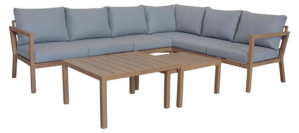 Røst hjørnegruppe teak og lys grå vanntette putetrekk