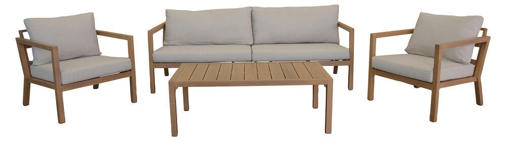 Røst sofagruppe teak og rutet beige vanntette putetrekk