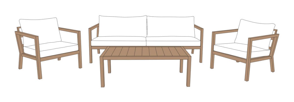 Røst sofagruppe teak og lys grå impregnerte putetrekk