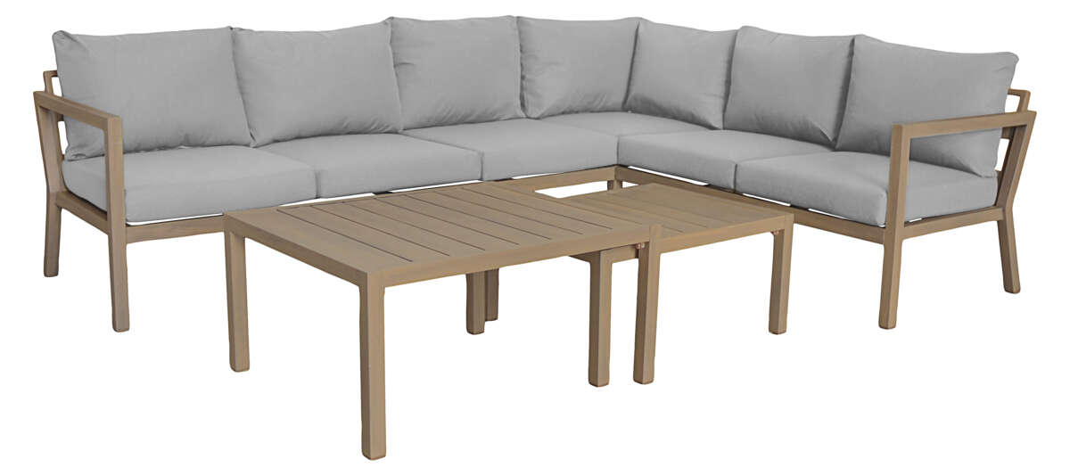 Røst hjørnegruppe teak og beige vanntette putetrekk