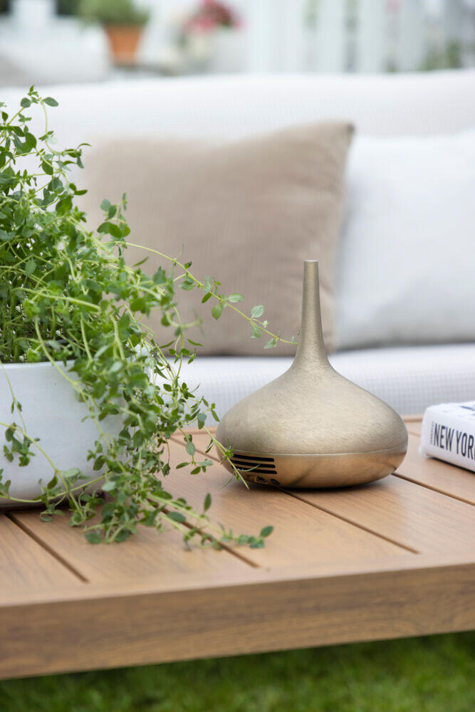 Røst sofagruppe teak og rutet beige vanntette putetrekk