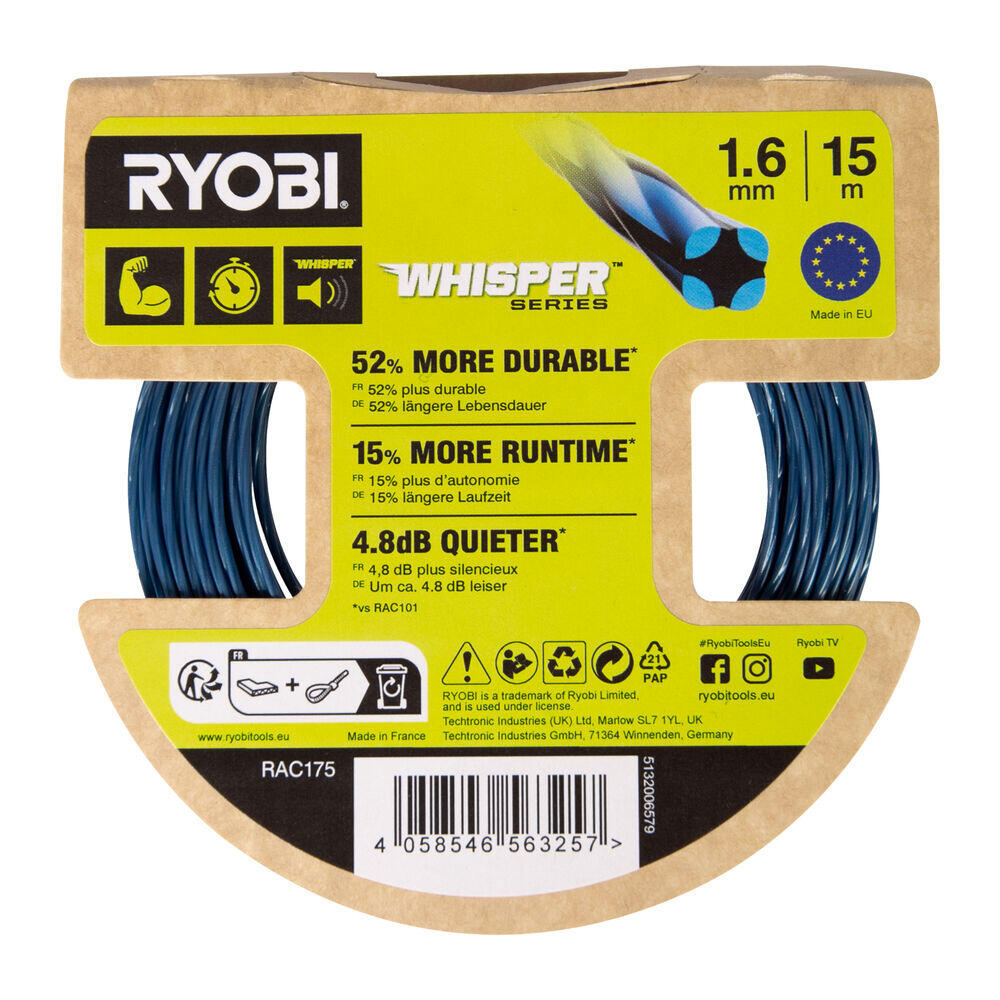 Ryobi RAC175 1,6 mm Whisper™ trimmertråd (15 m)