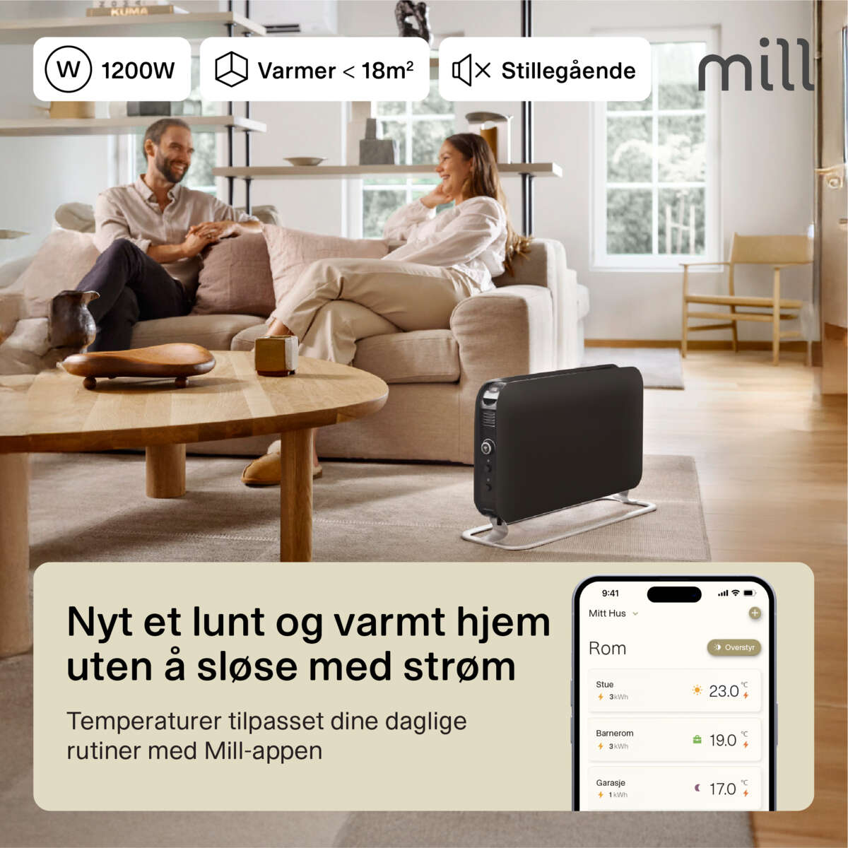 Mill WiFi 1200W sort gulvovn
