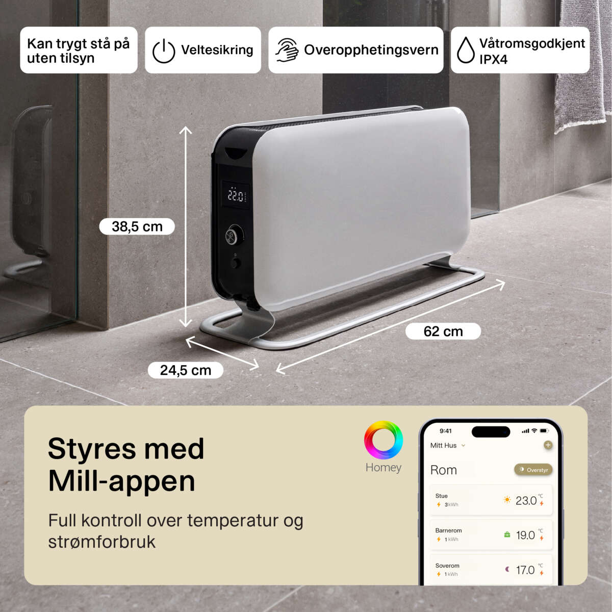 Mill Convection Max Wifi 1500W hvit gulvovn