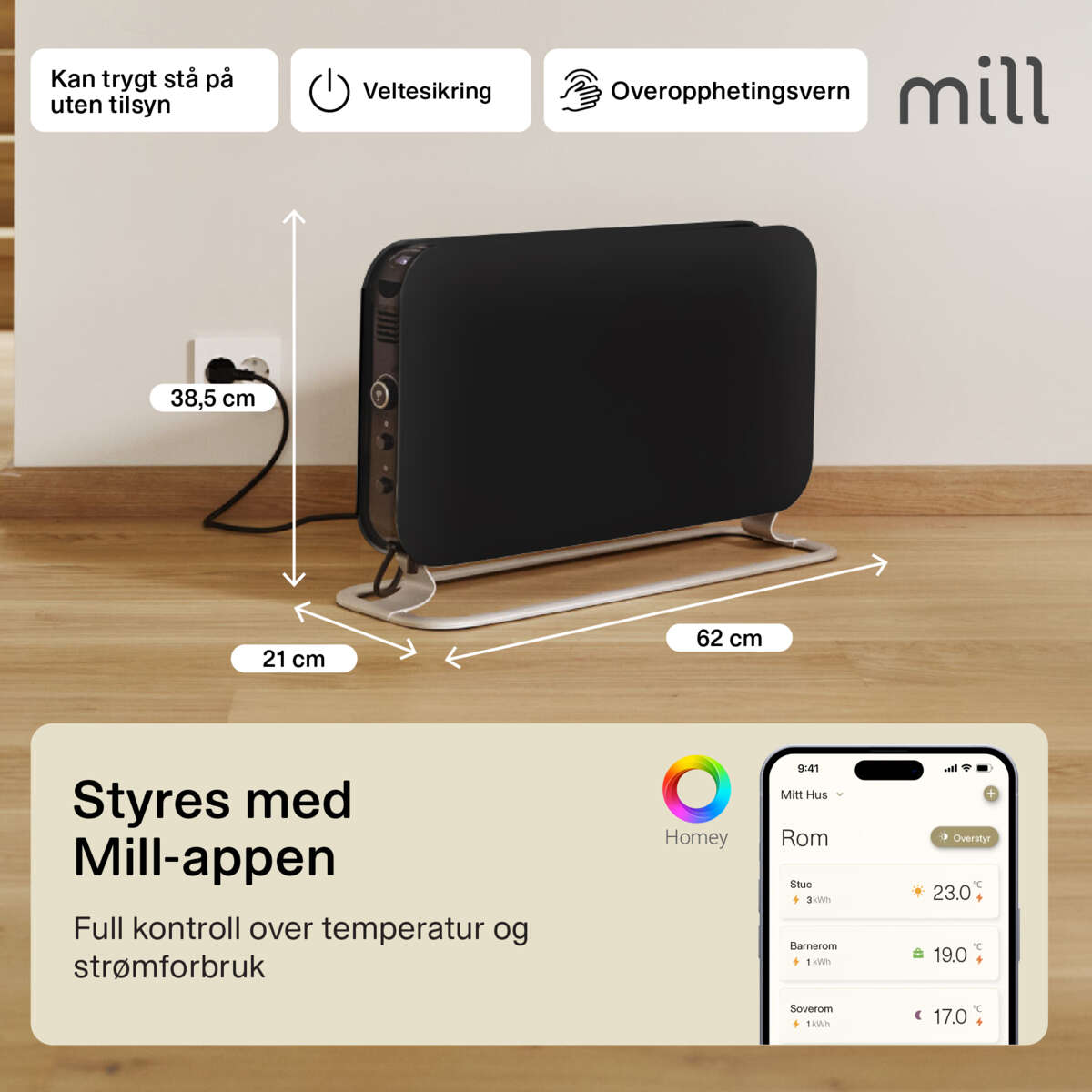 Mill WiFi 1200W sort gulvovn