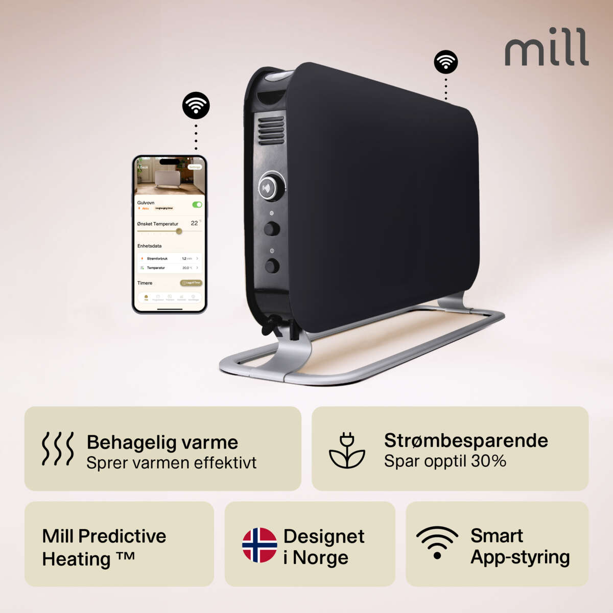 Mill WiFi  1200W sort gulvovn