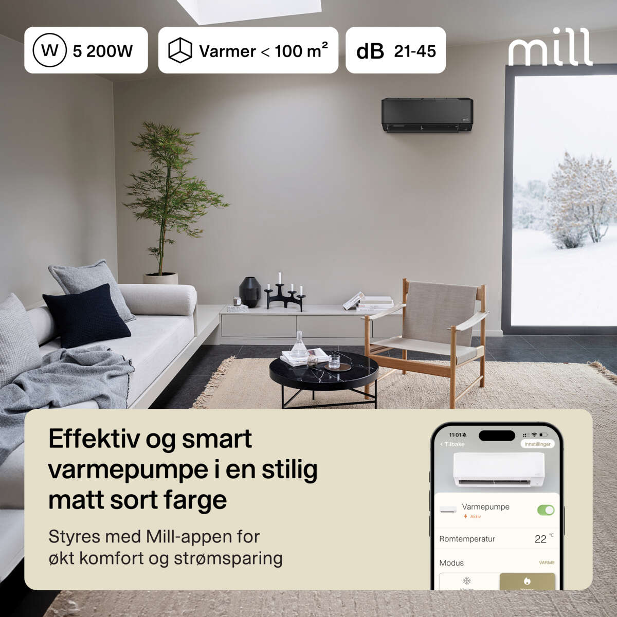 Mill Compact Pro WiFi varmepumpe 5200W, ferdig montert