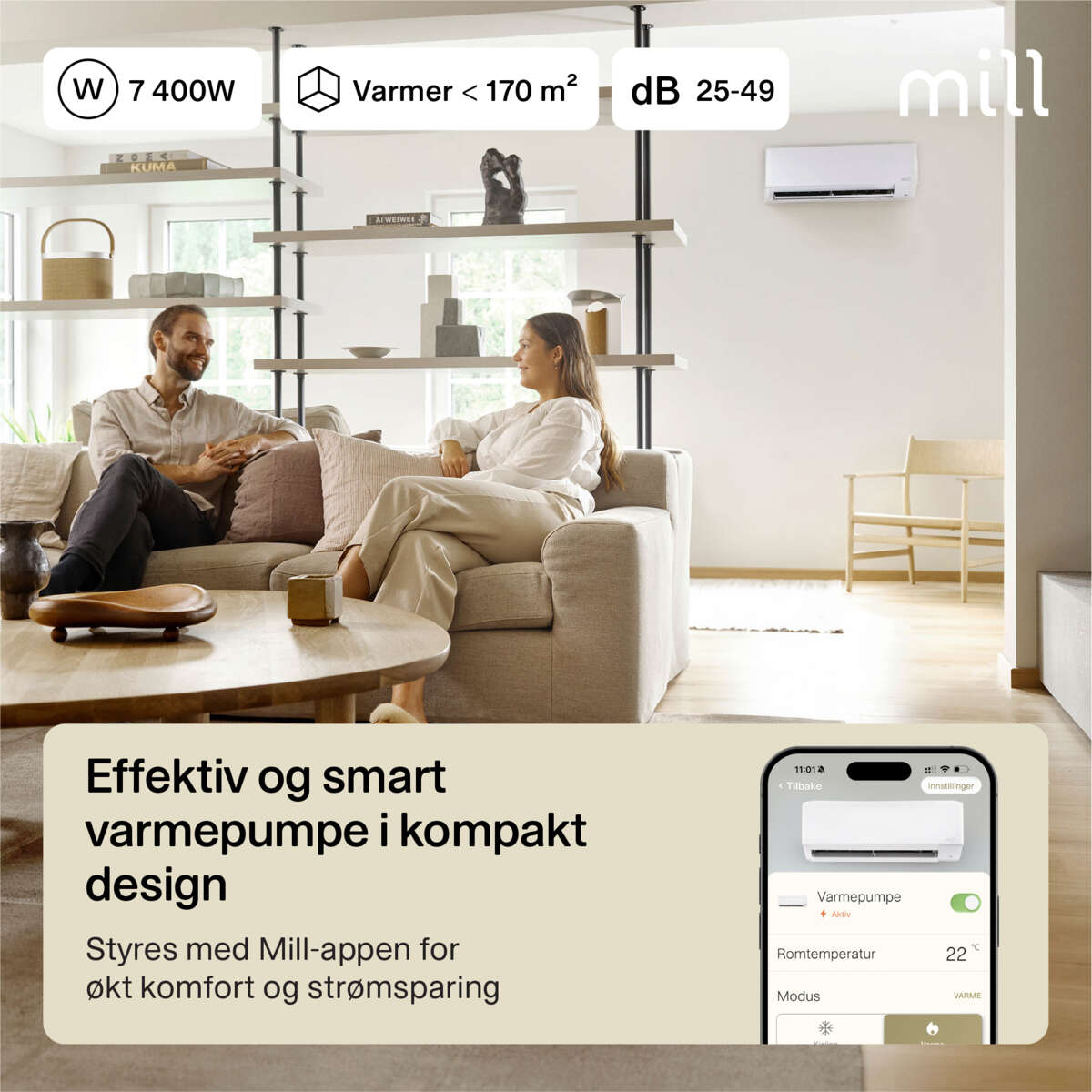 Mill Compact Pro WiFi varmepumpe 7400W, ferdig montert