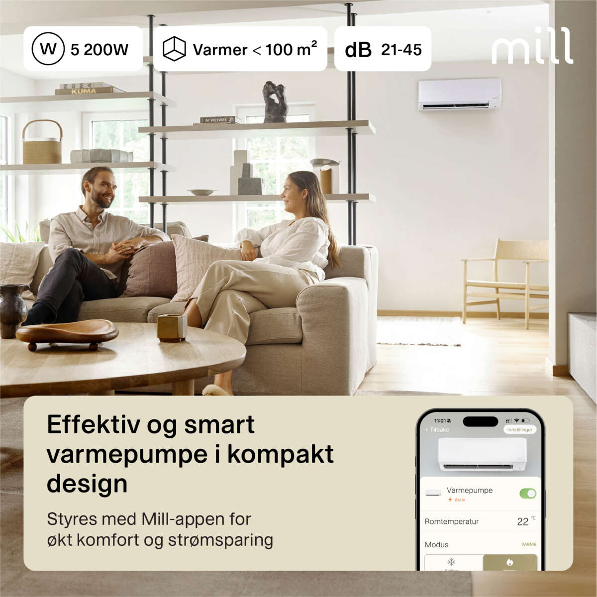 Mill Compact Pro WiFi varmepumpe 5200W, ferdig montert
