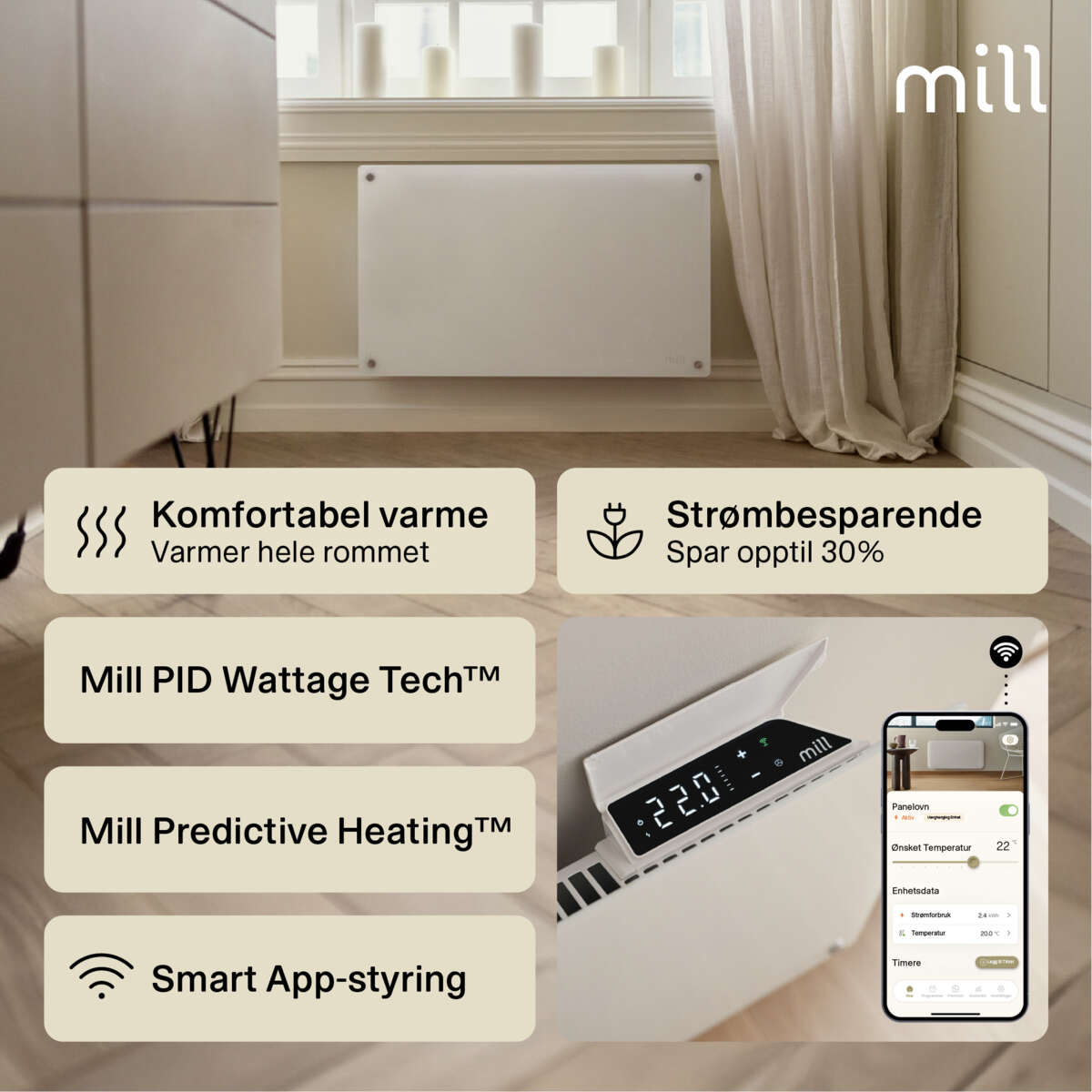 Mill Glass Gen 4 Smart WiFi 600W panelovn