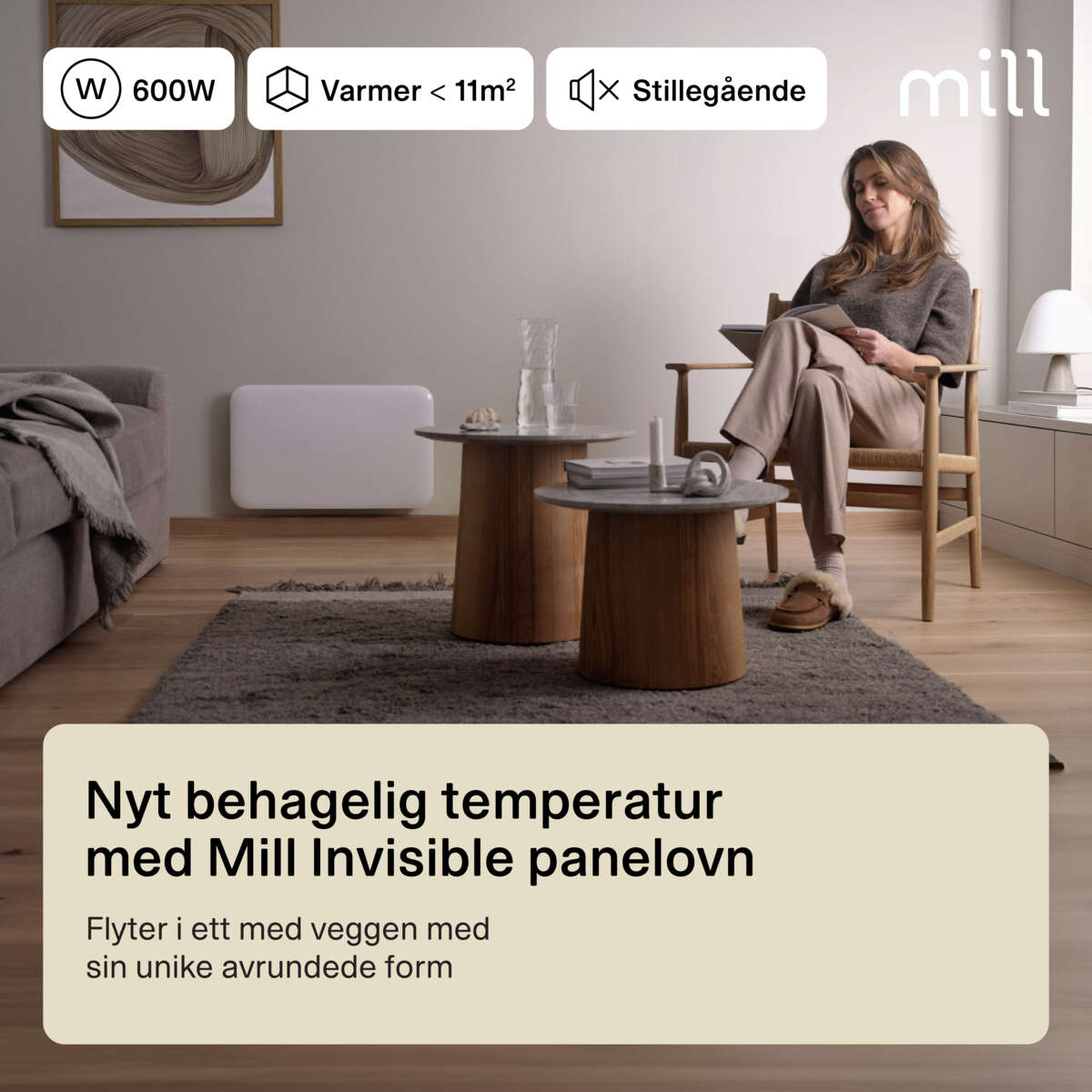 Mill Invisible 600W panelovn