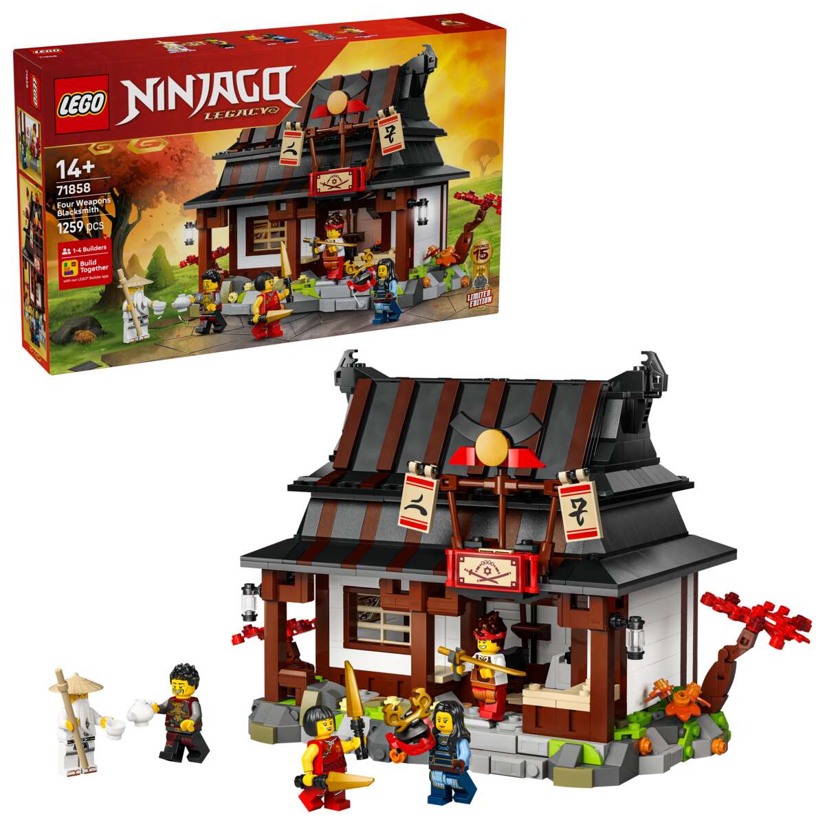 LEGO® NINJAGO® 15-årsjubileumssett med 4 våpen-smia 71858