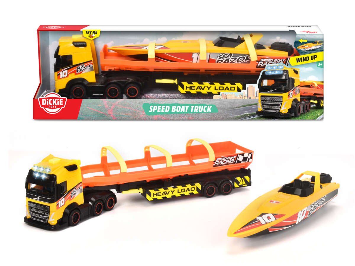 Volvo Mack lastebil med henger og båt