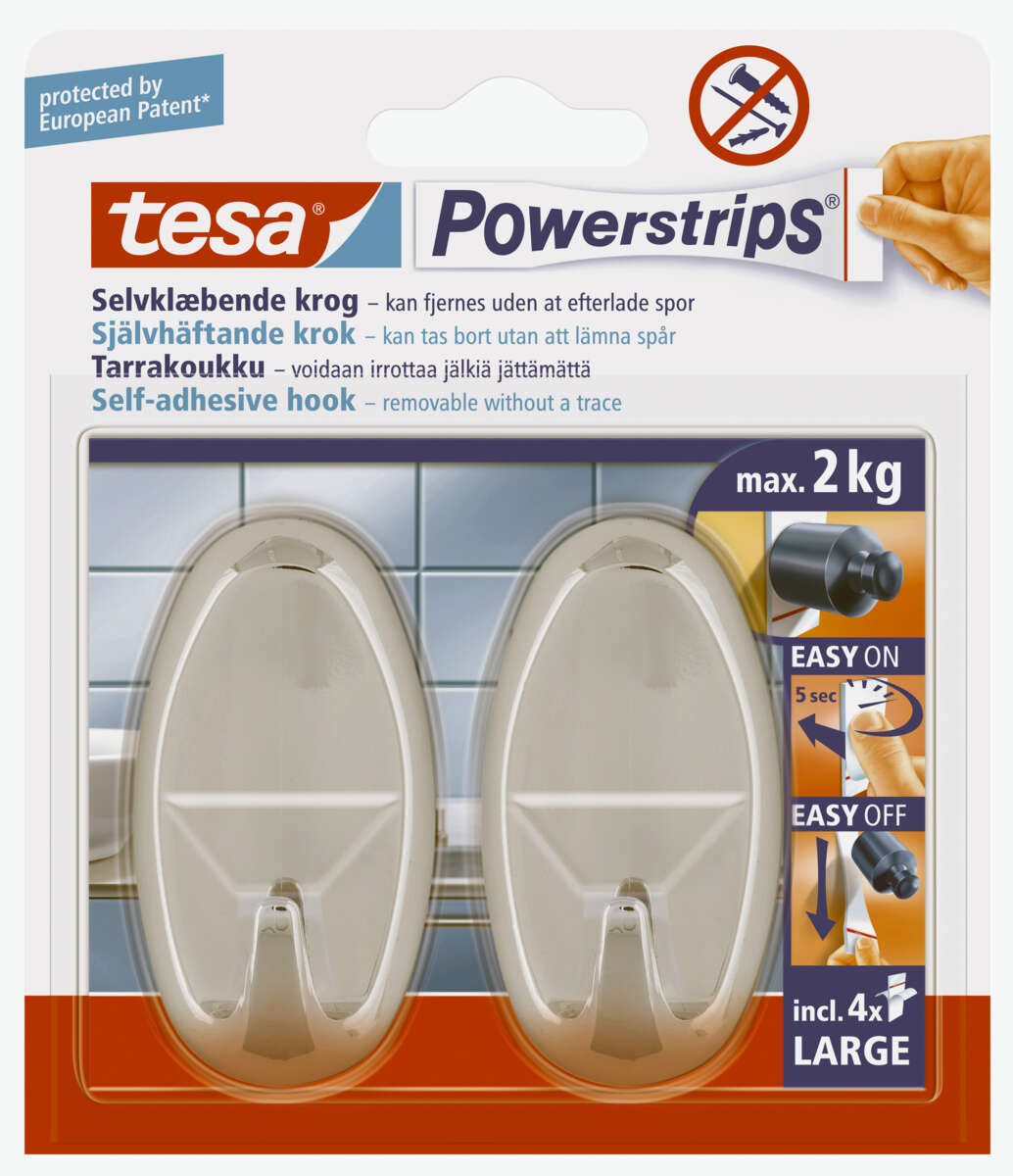 tesa® Powerstrips large oval sølv krok 2-pk