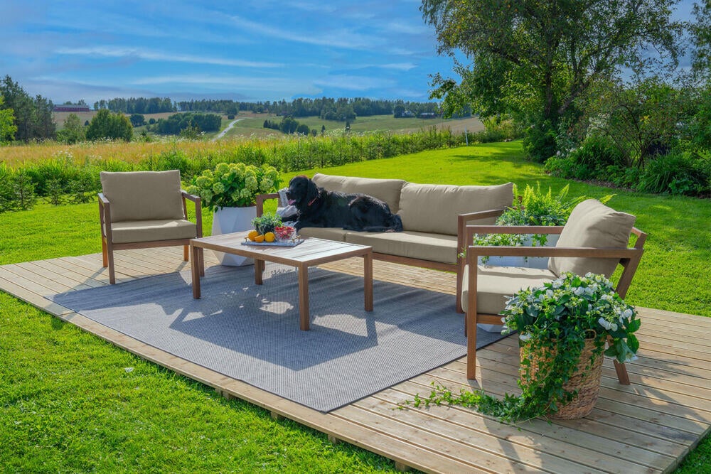 Røst sofagruppe teak og beige vanntette putetrekk