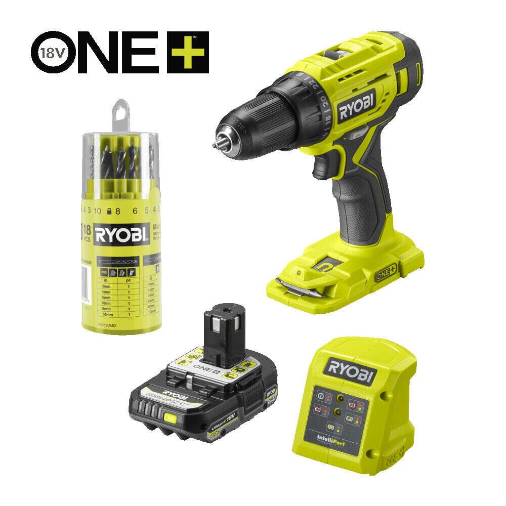 Ryobi R18DD4-1C20GA18 drill inkl. batteri, lader og borsett