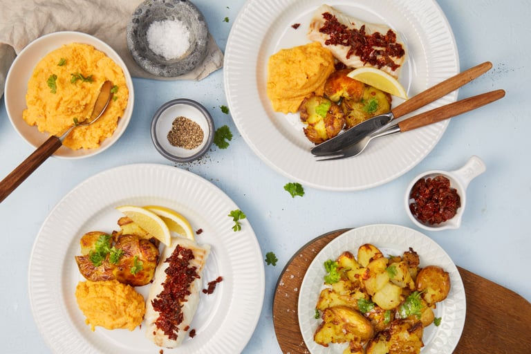 Trukket skrei med soltørket tomat og knuste poteter