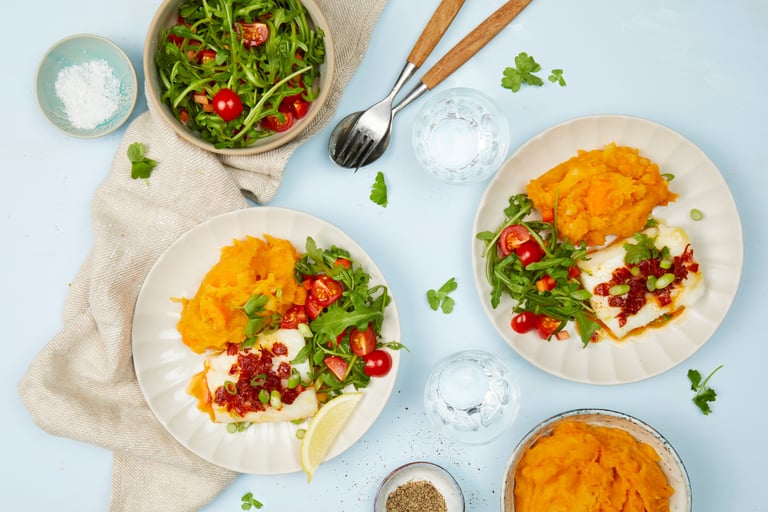 Ovnsbakt skrei med søtpotetmos og chorizosmør