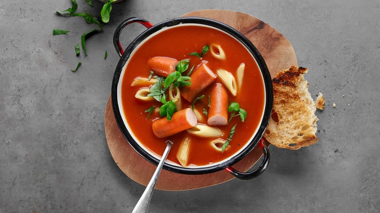 Tomatsuppe med pasta og pølser