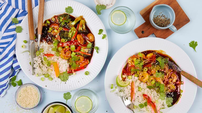 Teriyakiwok med scampi