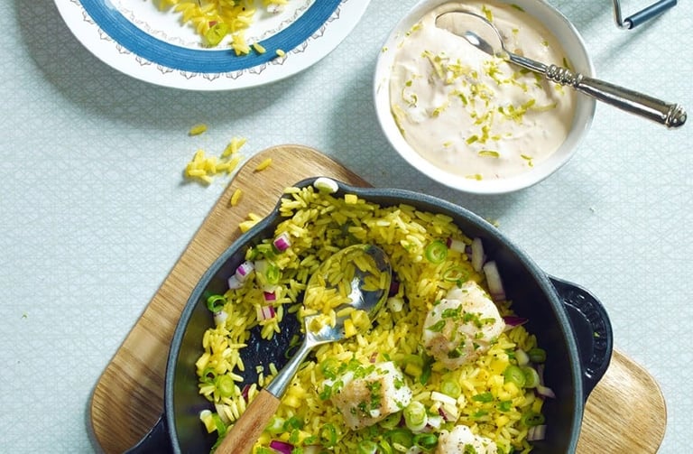 Stekt ris med steinbit og limesaus