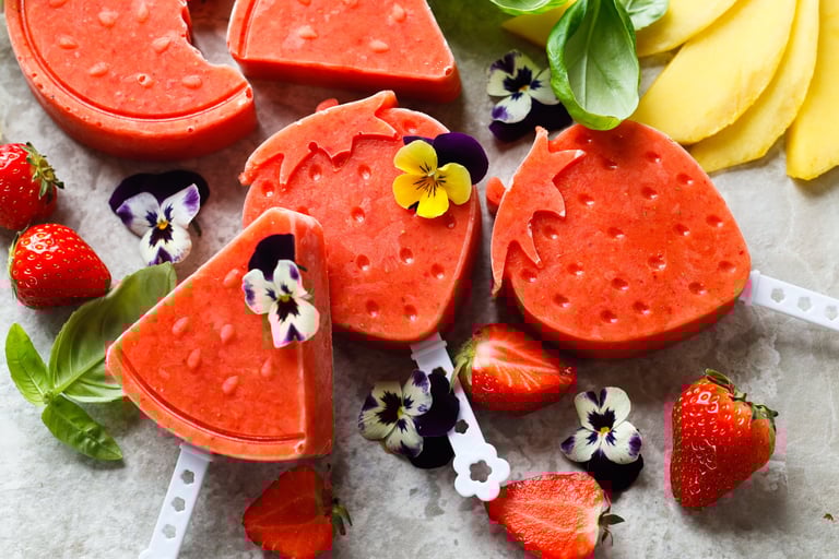 Sorbet av mango, jordbær og lime