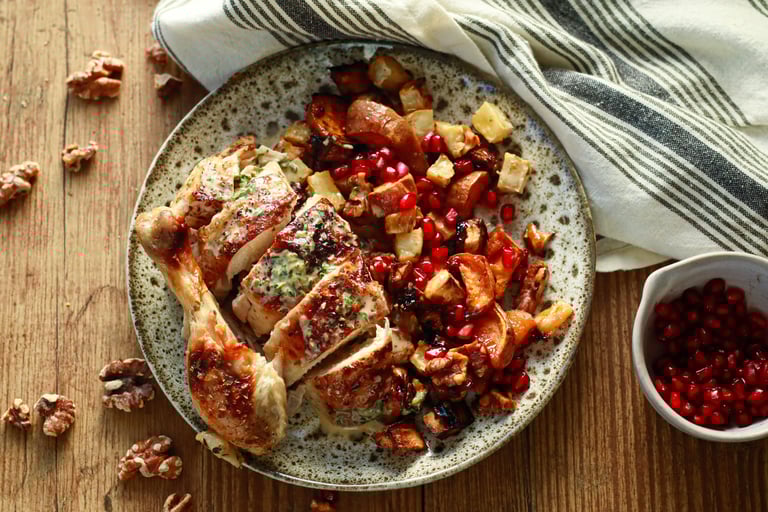 Helstekt kylling med grønnsaker og kjempegod saus