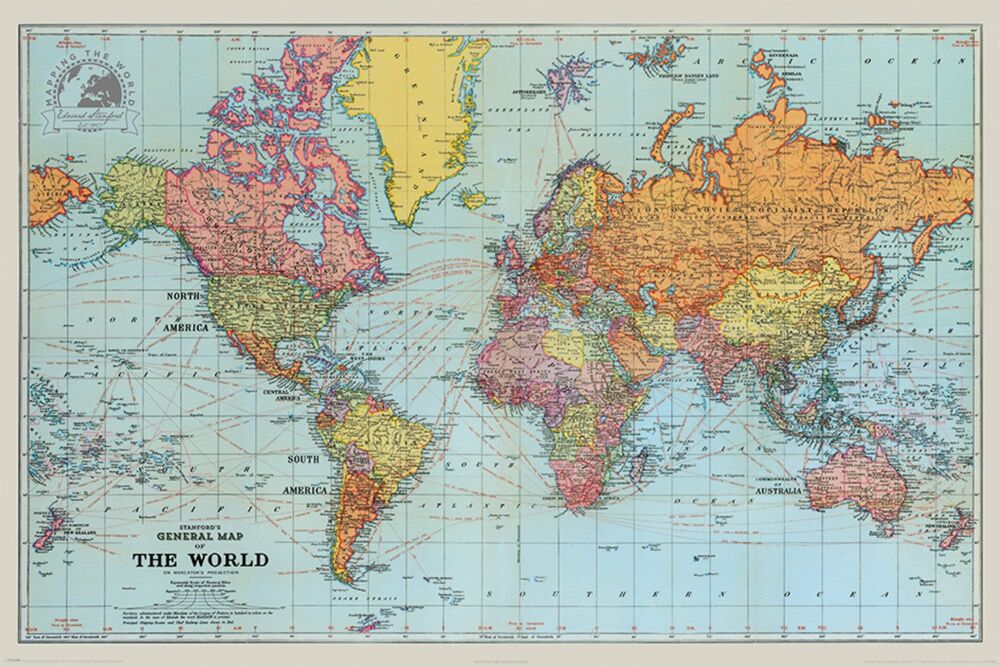 Produkt miniatyrebild Stanfords General Map Of The World Vintage plakat
